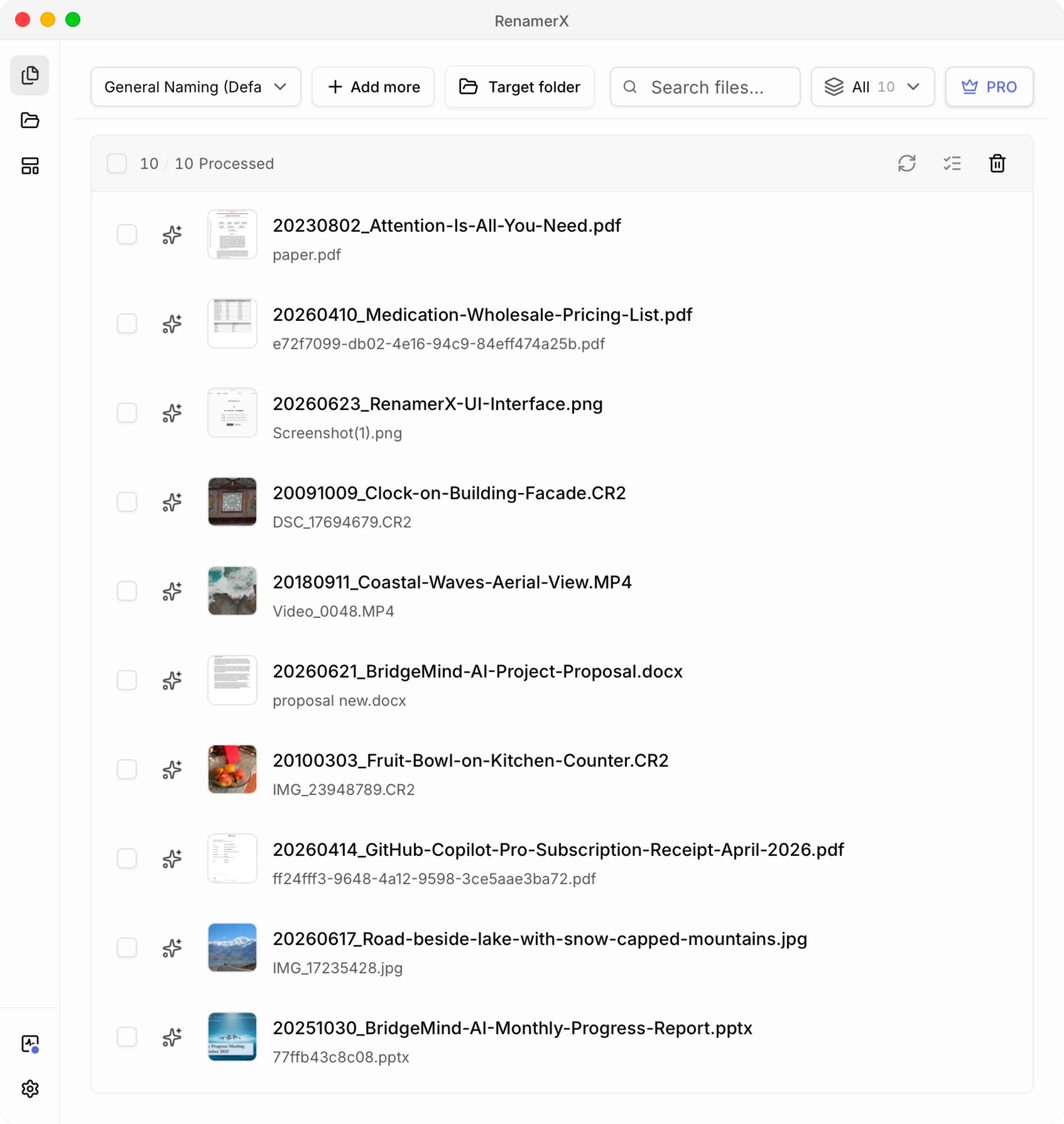 RenamerX showing original file names and their AI-generated readable replacements